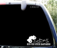 Run you stick bastards - funny decal / sticker with 4x4 monster truck chasing stick people figures family